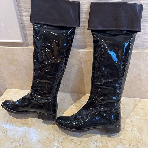Giuseppe Zanotti black patent and brown leather riding boots size 10.5. - Picture 1 of 7